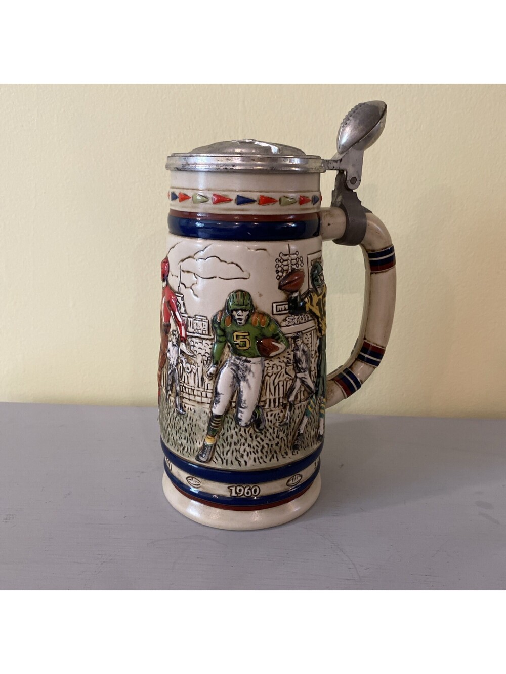 Vintage 1983 Avon Ceramarte Football Beer Stein Peweter Lid